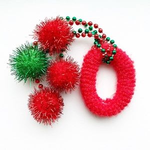 Vintage red & green pom pom hair scrunchie